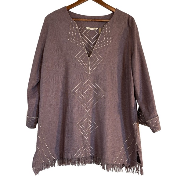 Soft Surroundings Purple Embroidered Tunic Blouse Silk Blend V-Neck Size Large - Picture 1 of 7